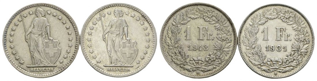  Schweiz, 2 Kleinmünzen (1 Franc 1943/1931)   