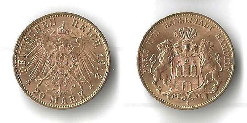 Hamburg, Kaiserreich MM-Frankfurt Feingold: 7,17g 20 Mark 1913 J 