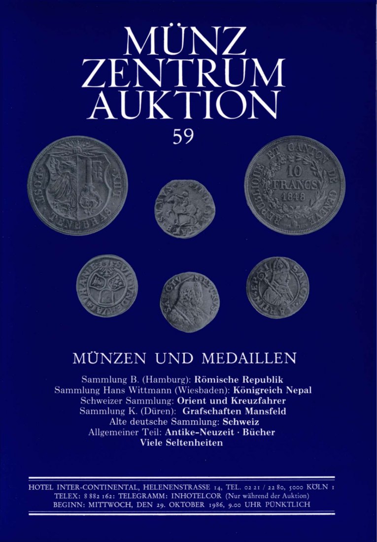  Münzzentrum (Köln) Auktion 59 (1986) Römische Republik /Sammlung Schweiz /Slg. Grafschaften Mansfeld   