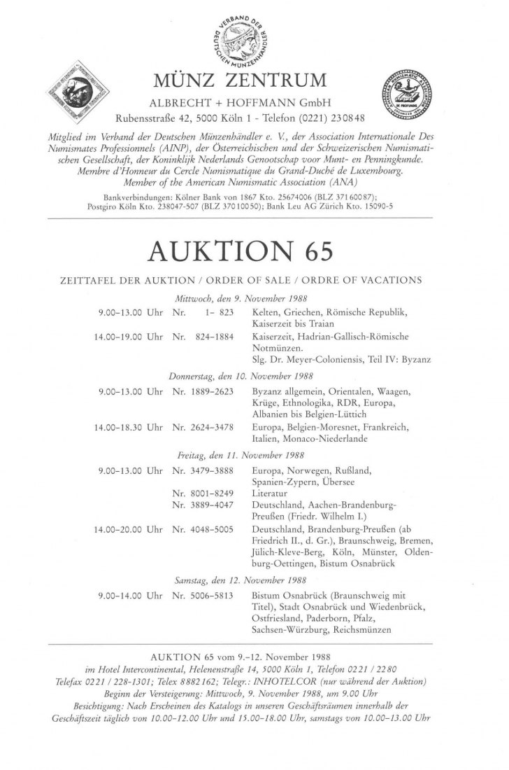  Münzzentrum (Köln) Auktion 65 (1988) Slg Meyer-Coloniensis Teil IV. Byzanz / Münster ,Osnabrück ua.   