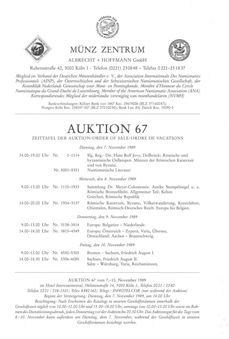  Münzzentrum (Köln) Auktion 67 (1989) Slg Meyer-Coloniensis Teil V. Antike Stempelsiegel / 1000 Taler   