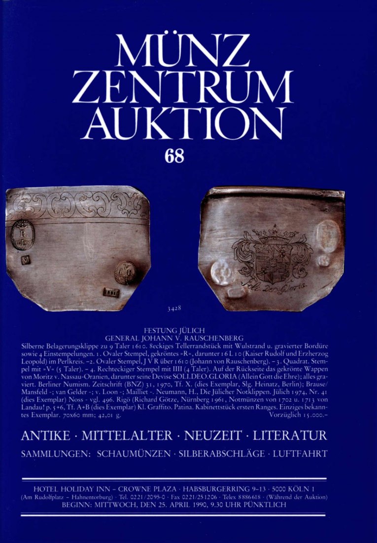  Münzzentrum (Köln) Auktion 68 (1990) Sammlungen Schaumünzen ,Silberabschläge ,Luftfahrt ua   
