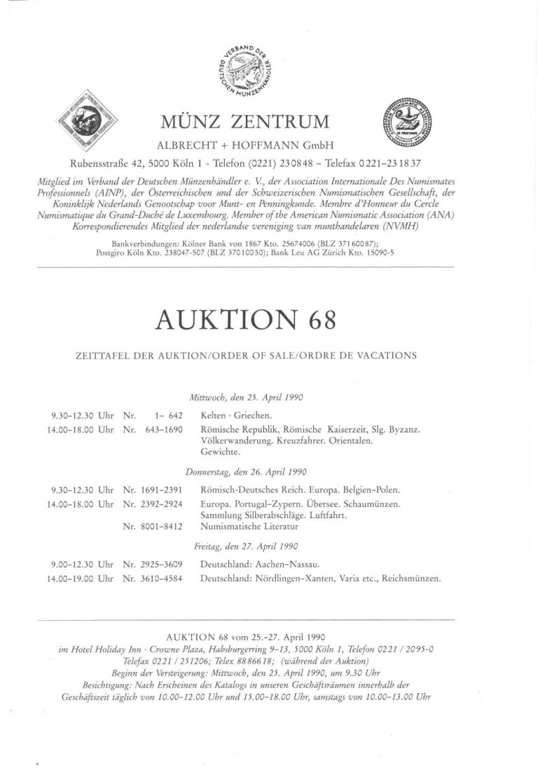  Münzzentrum (Köln) Auktion 68 (1990) Sammlungen Schaumünzen ,Silberabschläge ,Luftfahrt ua   