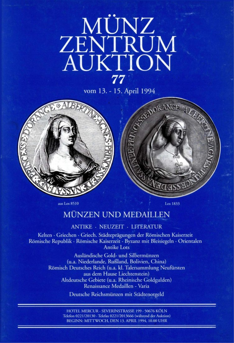  Münzzentrum (Köln) Auktion 77 (1994) Rheinische Goldgulden /Talersammlung Lichtenstein Städtenotgeld   