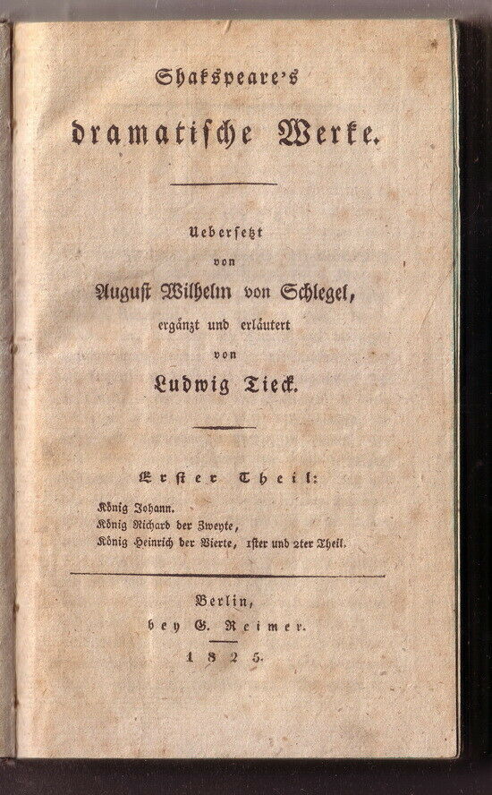  Antiquarisches Buch Shakespeare 1825 von Ludwig Tieck / übersetzt v Schlegel   