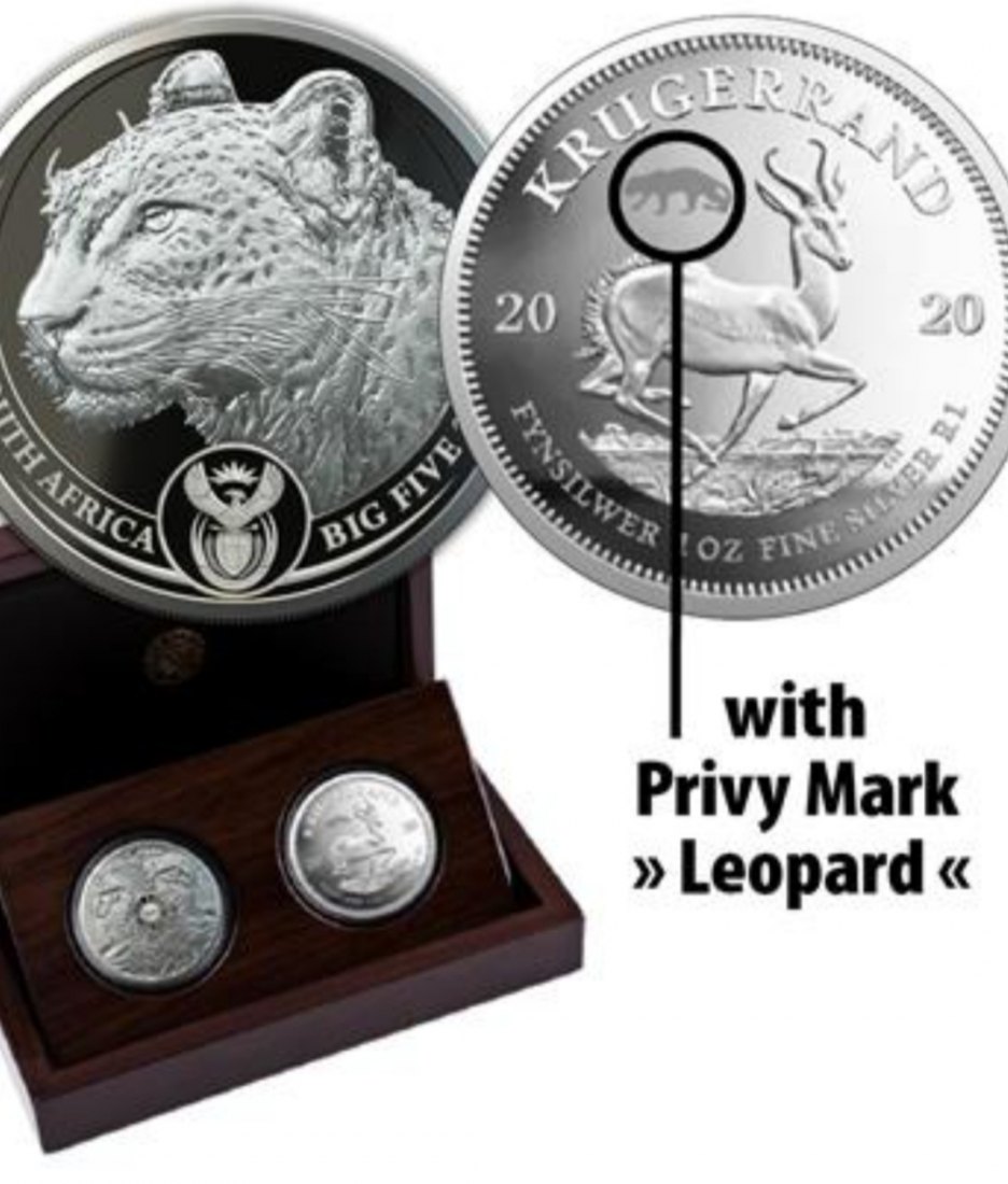  Südafrika -2 x 1 0z Silber 2020 proof- Big Five I Leopard + Krügerrand Privy Mark (4.Ausgabe) -   