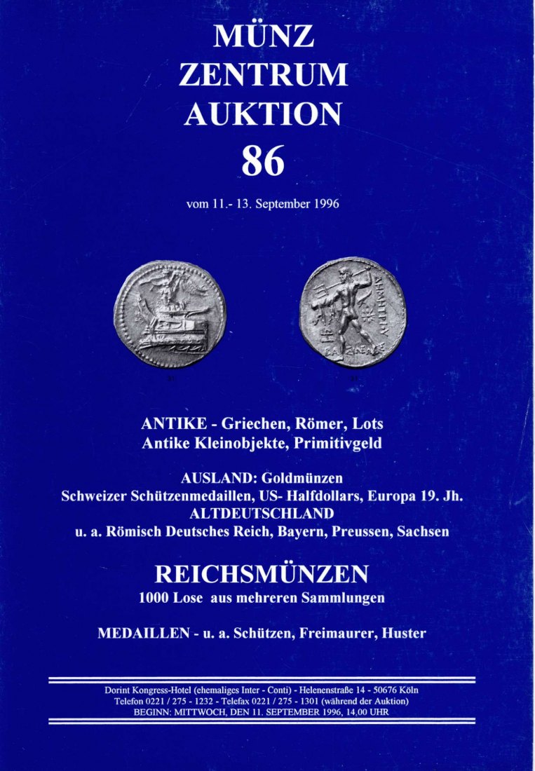  Münzzentrum (Köln) Auktion 86 (1996) Serien Bayern ,Preussen ,Sachsen ,US Halfdollars ,Reichsmünzen   