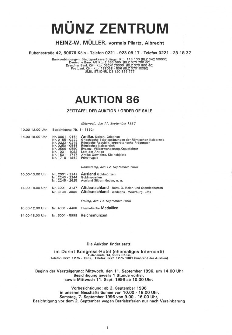  Münzzentrum (Köln) Auktion 86 (1996) Serien Bayern ,Preussen ,Sachsen ,US Halfdollars ,Reichsmünzen   