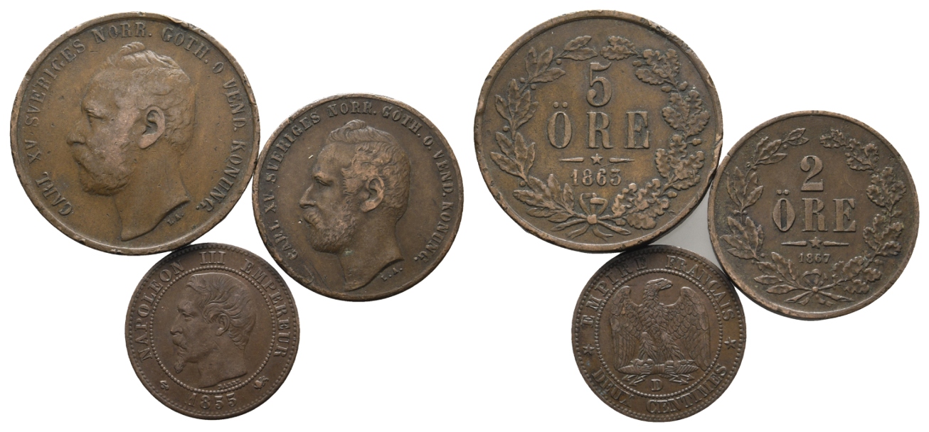  Schweden; 3 Kleinmünzen 1855-1867   