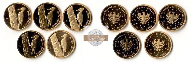 Deutschland MM-Frankfurt Feingold: 19,45g 20 Euro Schwarzspecht - 5 Stück 2021 A,D,F,G,J 