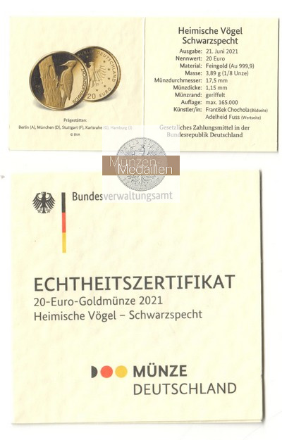 Deutschland MM-Frankfurt Feingold: 19,45g 20 Euro Schwarzspecht - 5 Stück 2021 A,D,F,G,J 