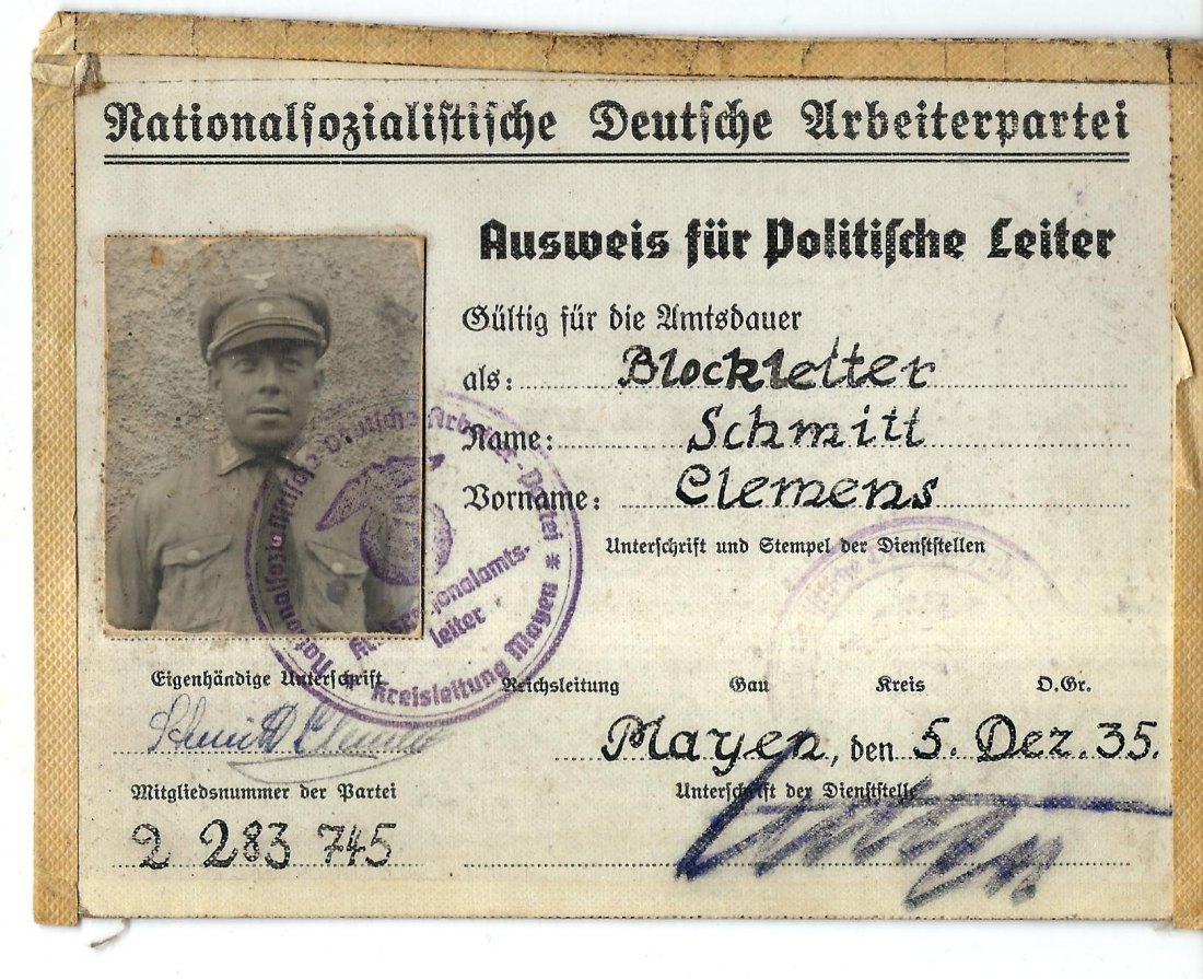  I Weltkrieg  Militaria Mitgliedsausweiß NSDAP selten  Goldankauf Koblenz Maurer H 59   