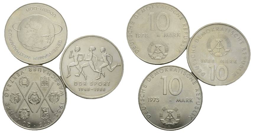  DDR, 3 Münzen; 10 Mark 1975-1988   
