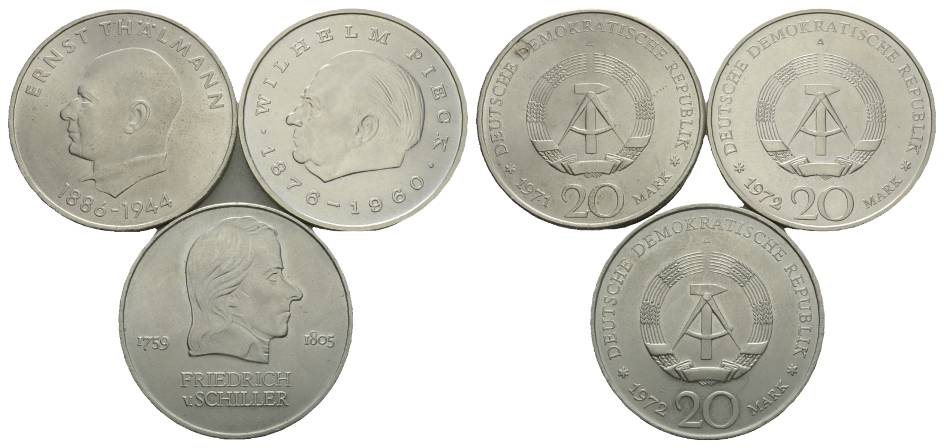  DDR, 3 Münzen; 20 Mark 1971-1972   