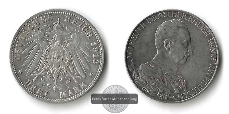  Kaiserreich, Preussen  3 Mark  1913 A  Wilhelm II. in Uniform  FM-Frankfurt Feinsilber: 15g   