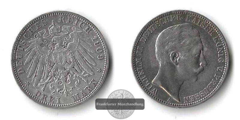  Preussen, Kaiserreich  3 Mark  1909 A  Wilhelm II.   FM-Frankfurt   Feinsilber: 15g   