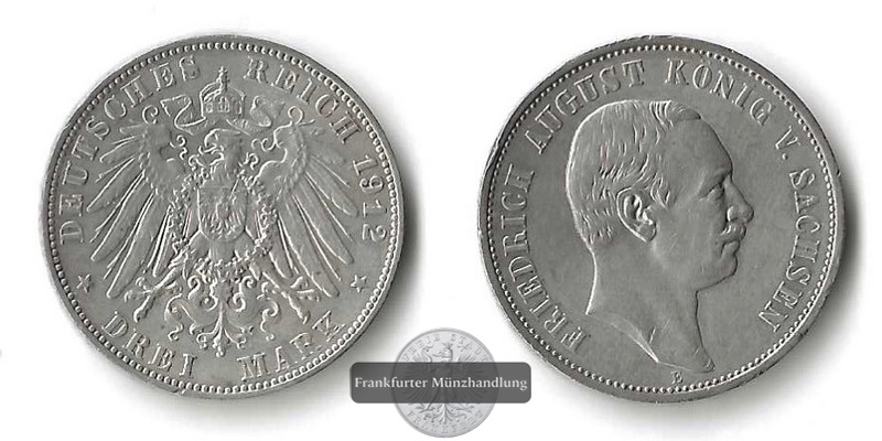  Sachsen Kaiserreich  3 Mark  1912 E Wilhelm II.    FM-Frankfurt Feinsilber: 15g   