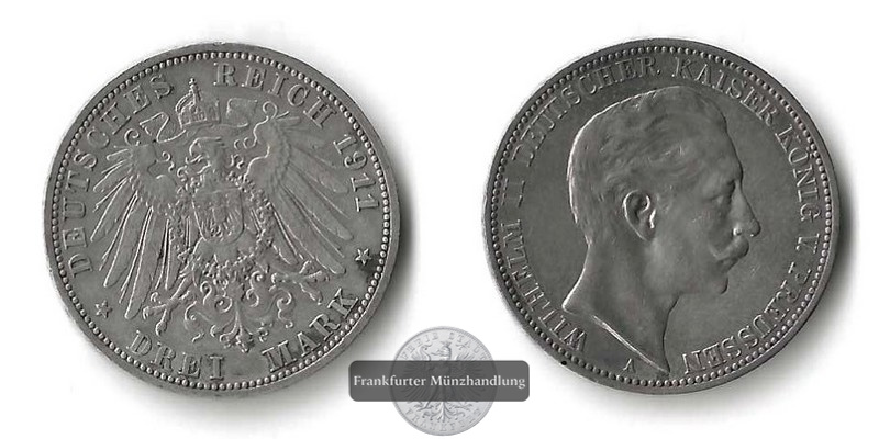  Preussen, Kaiserreich  3 Mark  1911 A  Wilhelm II.   FM-Frankfurt  Feinsilber: 15g   