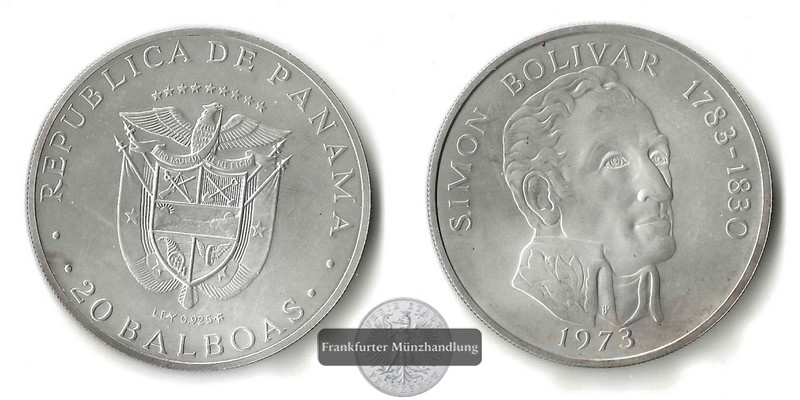  Panama,  20 Balboa  1973  Simon Bolivar   FM-Frankfurt  Feinsilber: 119,87g   