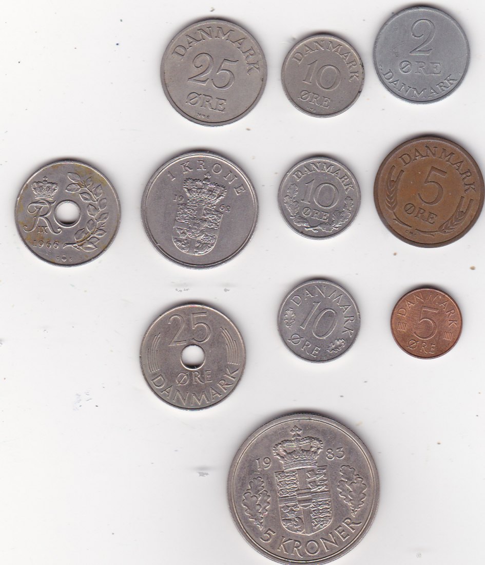  11 verschiedene Kursmünzen Dänemark   