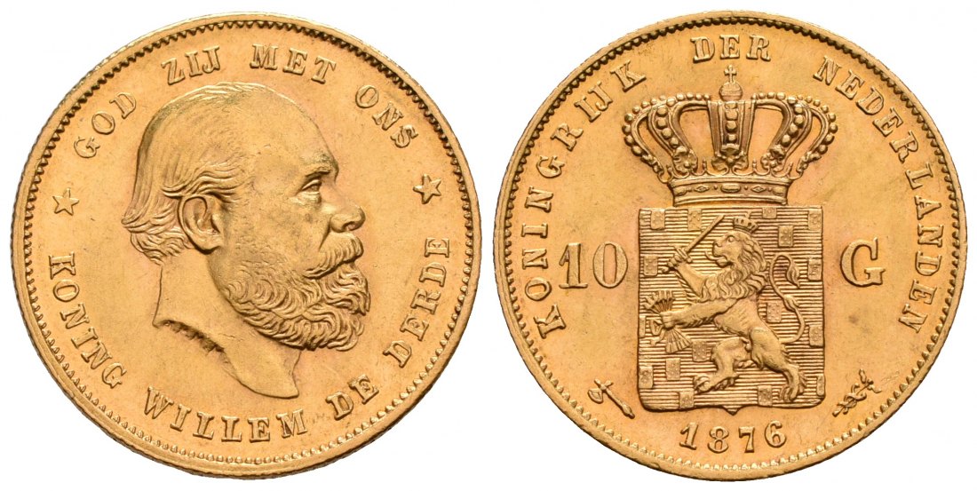 PEUS 6219 Niederlande 6,06 g Feingold. Wilhelm III. (1849 - 1890) 10 Gulden GOLD 1876 Utrecht Kl. Kratzer, Vorzüglich