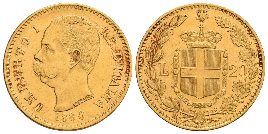 PEUS 6227 Italien 5,81 g Feingold. Umberto I. (1878 - 1900) 20 Lire GOLD 1880 R Rom Kl. Kratzer, Sehr schön +