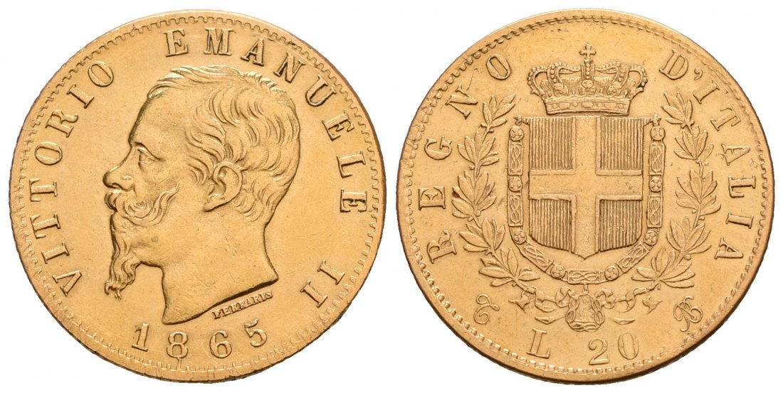 PEUS 6231 Italien Königreich 5,81 g Feingold. Vittorio Emanuelle II. (1849 - 1861) 20 Lire GOLD 1865 T BN Sehr schön