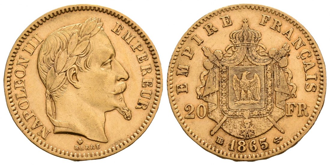 PEUS 6265 Frankreich 5,81 g Feingold. Napoleon III. (1852-1870) 20 Francs GOLD 1865 BB Sehr schön