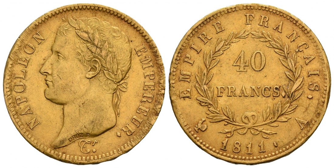 PEUS 6281 Frankreich 11,61 g Feingold. Napoleon I. (1804 - 1814, 1815) 40 Francs GOLD 1811 A Randfehler, Henkelspur, fast Sehr schön
