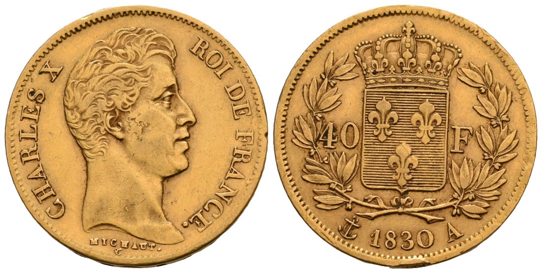PEUS 6282 Frankreich 11,61 g Feingold. Karl X. (1824 - 1830) 40 Francs GOLD 1830 A Paris Kl. Randfehler, Sehr schön