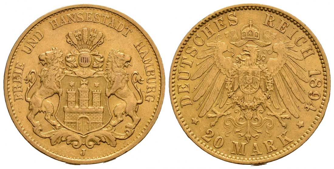 PEUS 6324 Kaiserreich - Hamburg 7,16 g Feingold. Stadtwappen 20 Mark GOLD 1894 J Sehr schön