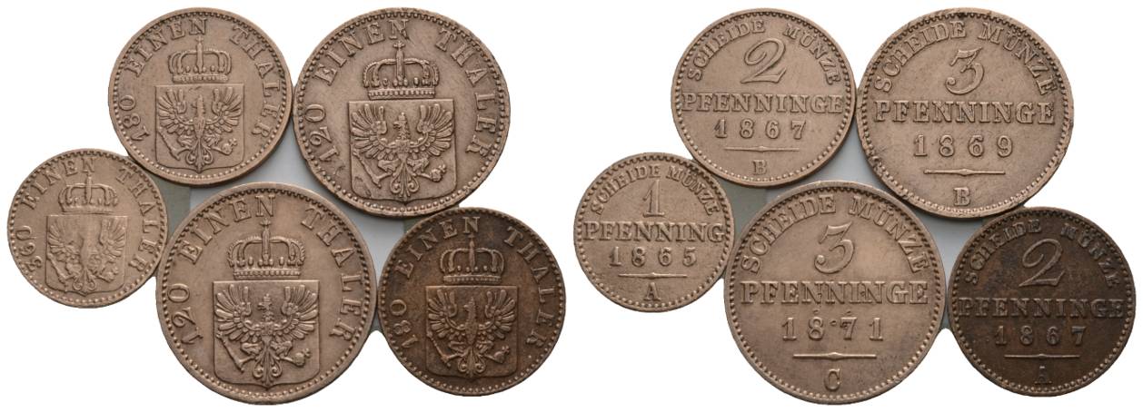  Altdeutschland; 5 Kleinmünzen 1865-1871   