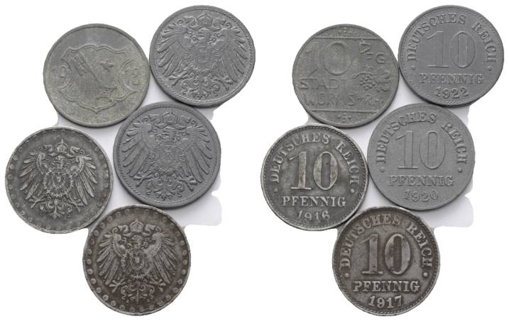  Kaiserreich; 5 Kleinmünzen 1916-1920   