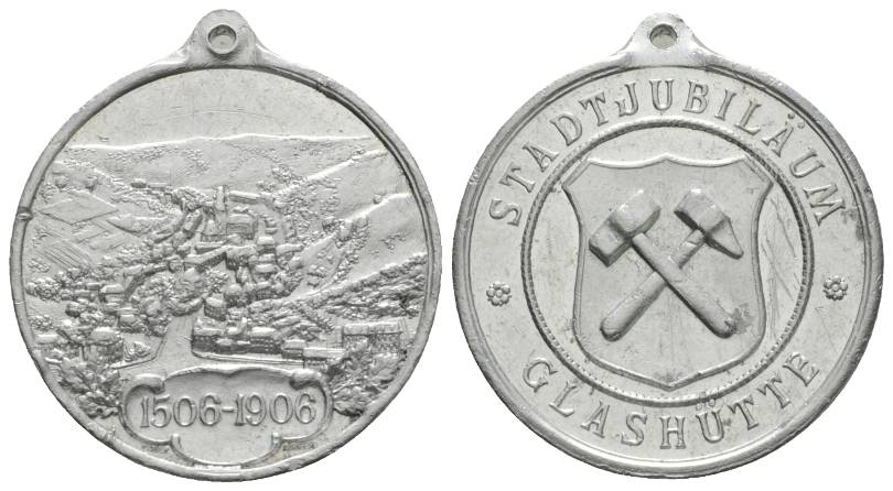  Medaille; Glashütte-Stadtjubiläum 1506-1906; tragbar; Alu; 6,70 g; Ø 35,32 mm   