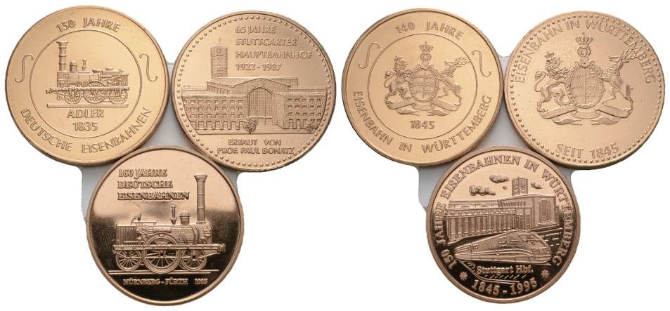  Deutschland; 3 Medaillen; Deutsche Eisenbahn;Kupfer;15,76g;Ø34,40mm/16,01g;Ø34,31mm/15,16g;Ø31,96 mm   