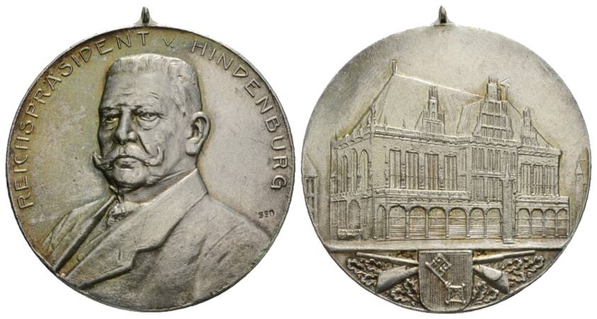  Deutschland; Medaille; Paul von Hindenburg Ehemaliger Reichspräsident; 835 Ag; 21,82 mm; Ø 40,41 mm   