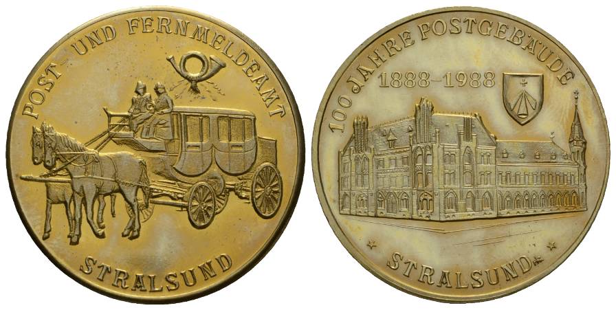  Stralsund; Medaille; Post und Fernmeldeamt; vergoldete Bronze 26,58 g; Ø 40,49 mm   