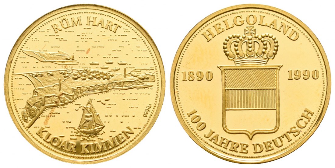 PEUS 6392 BRD Helgoland 20 mm / 3,93 g Feingold. Rüm Hart - Kloar Kimmen - Volkssturm auf Helgoland Goldmedaille 1990 Polierte Platte