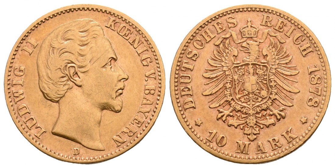 PEUS 6393 Bayern - Kaiserreich 3,58 g Feingold. Ludwig II. (1864 -1886) 10 Mark GOLD 1878 D München Sehr schön