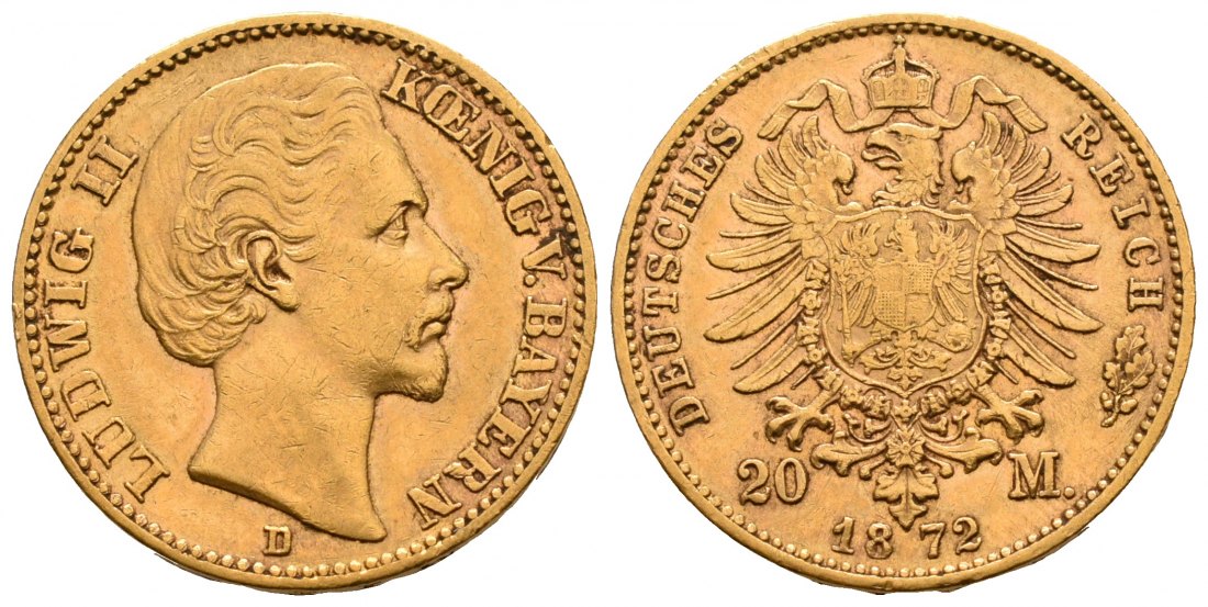 PEUS 6394 Kaiserreich - Bayern 7,16 g Feingold. Ludwig II. (1864 - 1886) 20 Mark GOLD 1872 D München Sehr schön