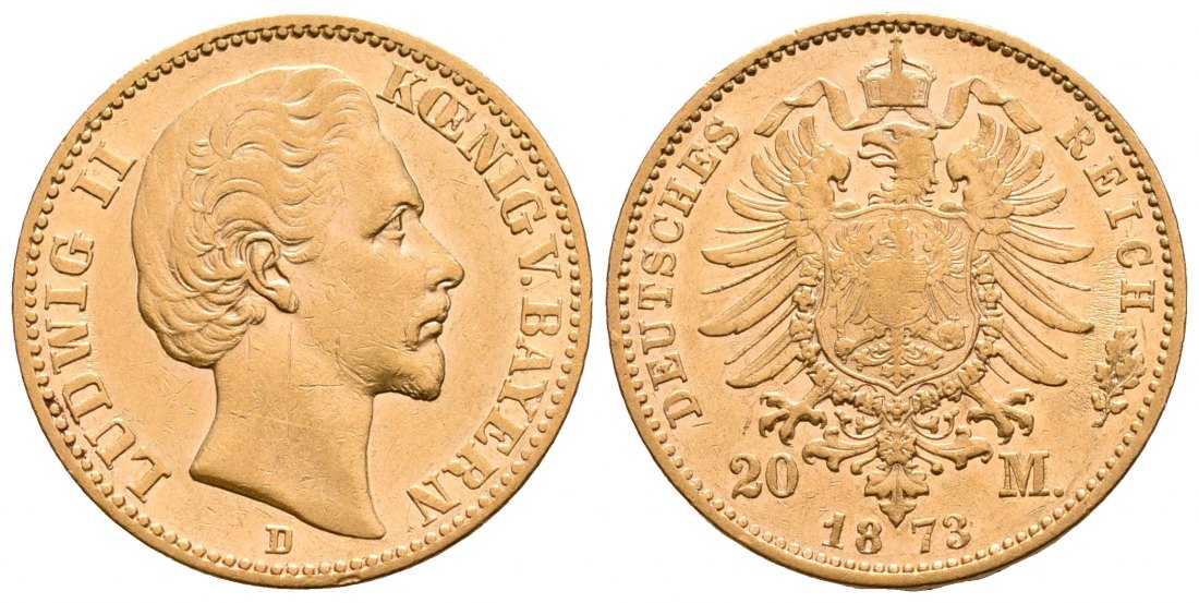 PEUS 6395 Kaiserrreich - Bayern 7,16 g Feingold. Ludwig II. (1864 - 1886) 20 Mark GOLD 1873 D München Sehr schön
