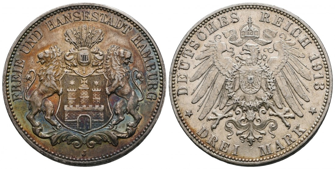 PEUS 6398 Hamburg - Kaiserreich  3 Mark 1913 J Patina, fast Vorzüglich