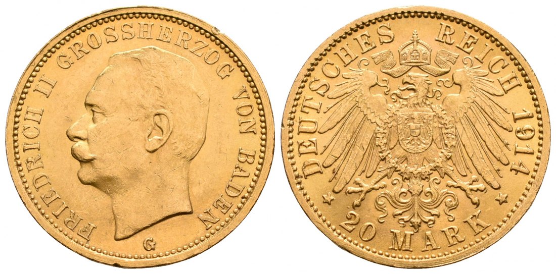 PEUS 6400 Baden - Kaiserreich 7,16 g Feingold. Friedrich II. (1907 - 1918) 20 Mark GOLD 1914 G Kl. Randfehler + Kratzer, Vorzüglich