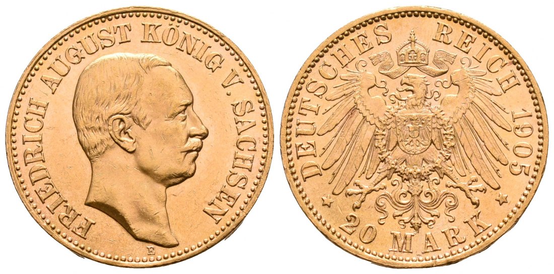 PEUS 6401 Sachsen - Kaiserreich 7,16 g Feingold. Friedrich August III. (1904 - 1918) 20 Mark GOLD 1905 E Muldenhüt Kl. Kratzer, Vorzüglich