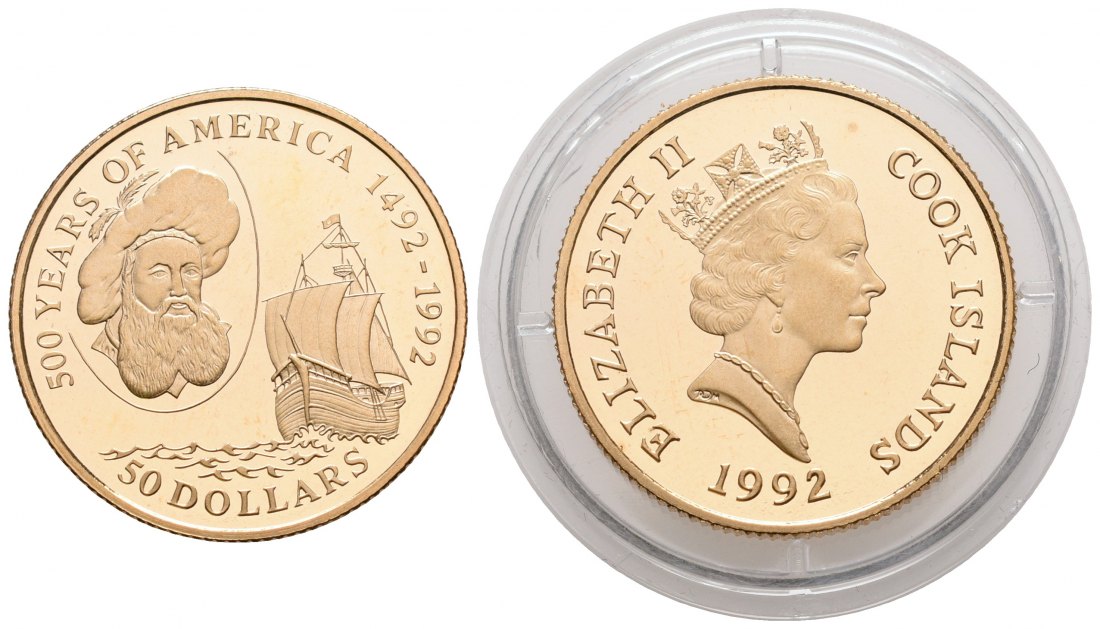 PEUS 6406 Cook Island 4,54 g Feingold. 500 Jahre Amerika - John Cabot 50 Dollars GOLD 1992 Proof (Kapsel)