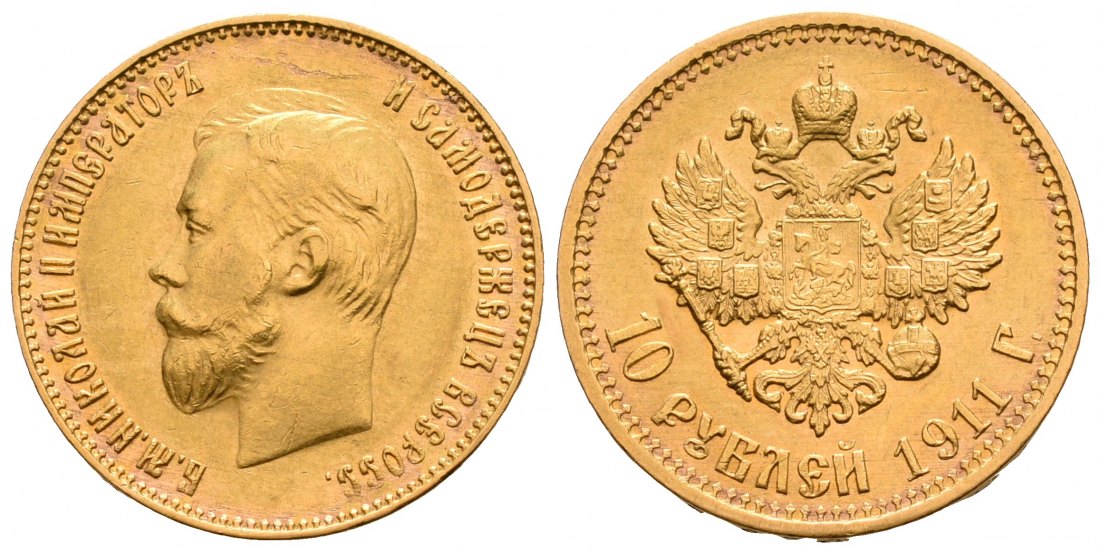 PEUS 6409 Russland 7,74 g Feingold. Zar Nikolaus II. (1894 - 1917) 10 Rubel GOLD 1911 ЭБ Kl. Kratzer, Sehr schön +