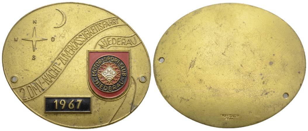 Medaille 1967; Motor-Sport-Club Niederau, 2.DMV-Nacht-Zuverlässigkeitsfahrt; H80xB96mm; 94,79 g   