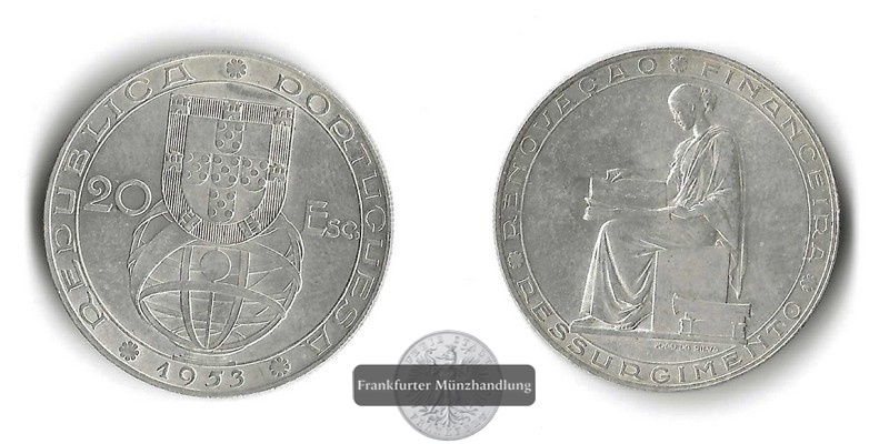  Portugal  20 Escudos  1953  Financial Reform  FM-Frankfurt  Feinsilber: 16,8g   