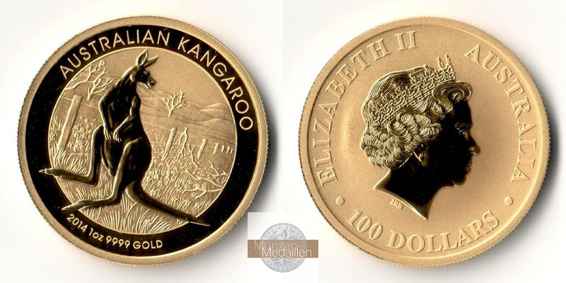 Australien  100 Dollar MM-Frankfurt Feingold: 31,1g Kangaroo 2014 