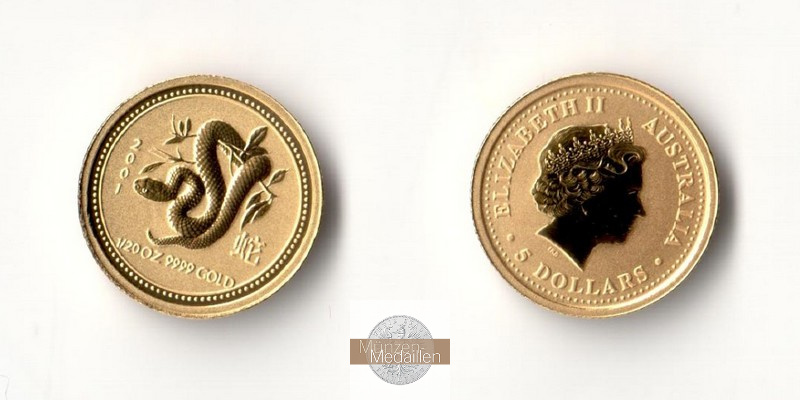 Australien  5 Dollar MM-Frankfurt Feingold: 1,55g Jahr der Schlange 2001 